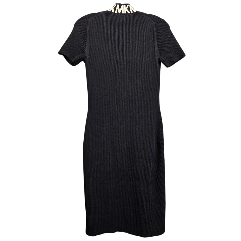 Nwot Michael Kors Black Ribbed Knit MK Logo Neckline Shortsleeve Zipfront Dress - Picture 13 of 17